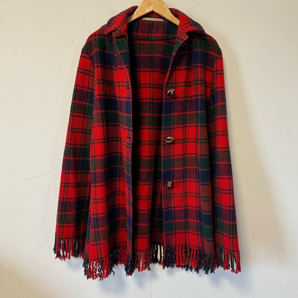 Vintage Red Plaid Wool Poncho Blanket Fringe Cape Shawl Coat Festive One Size - Picture 10 of 13
